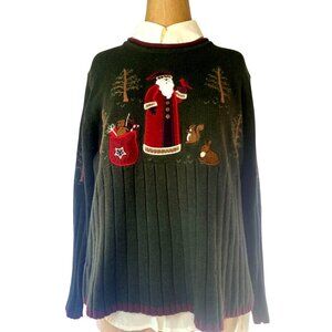 Vintage Christopher & Banks Hand-Knit Sweater With Santa & Woodland Animals Sz S